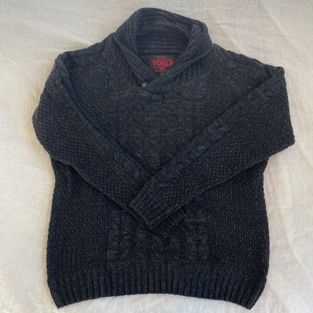 Yoki Dark Grey Shawl Neck Cable Knit Sweater Sz L
